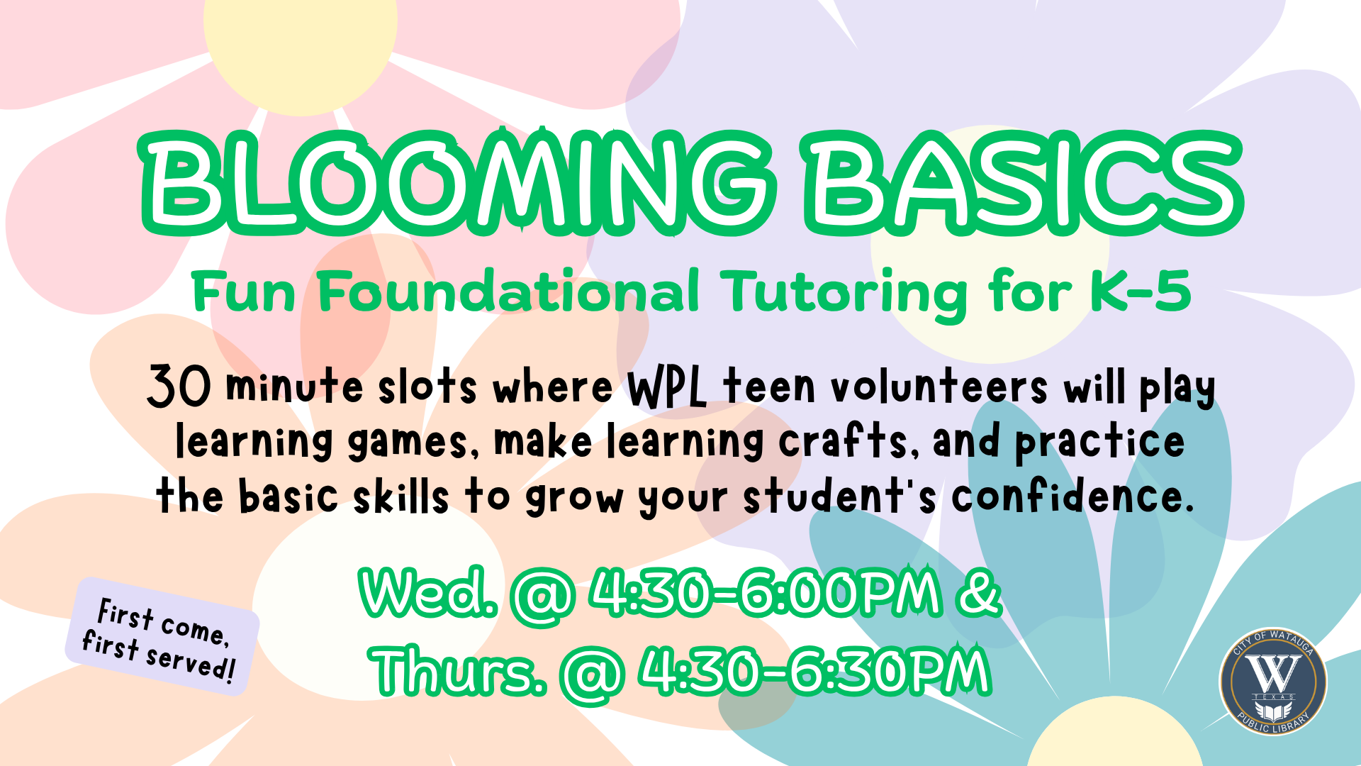 Watauga Library to Offer Blooming Basics Tutoring for K-5 Students
